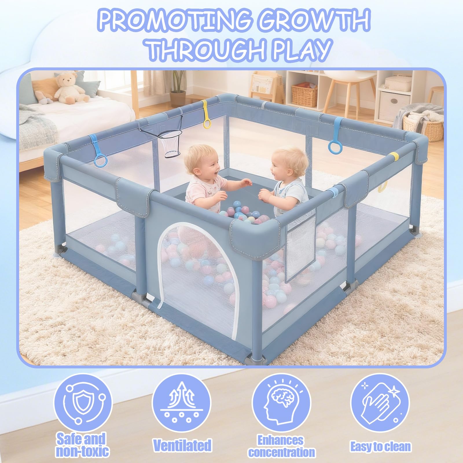 Verdego Parc Bebe 150x180x66cm, Parc Enfant avec 50 Boules de Fosse, 4 Anneaux de Traction, Mini Vannerie, Tissu 210D Oxford et Acier Inoxydable, Espace de Jeu Sécurisé pour Enfants (gris clair)