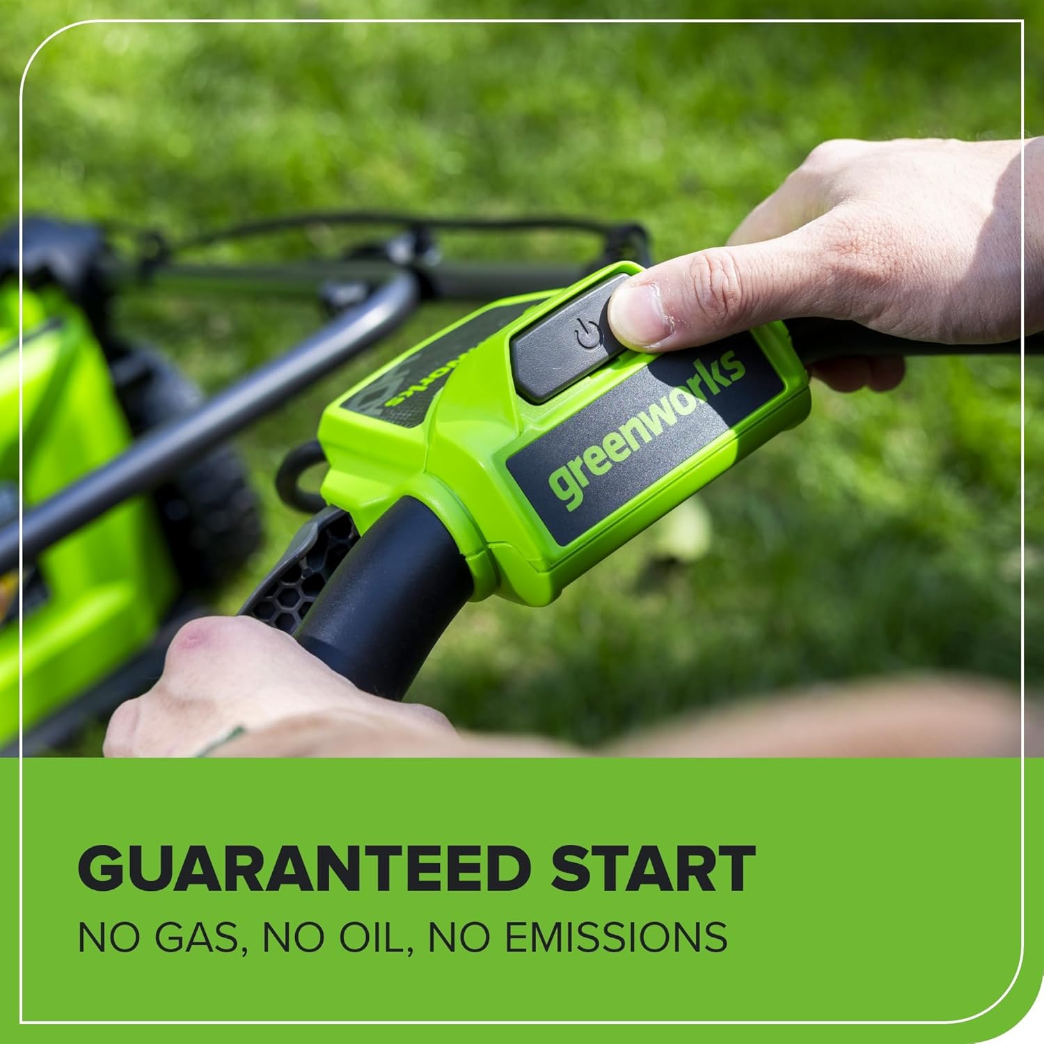 Greenworks lawn mower with handles folded for storage