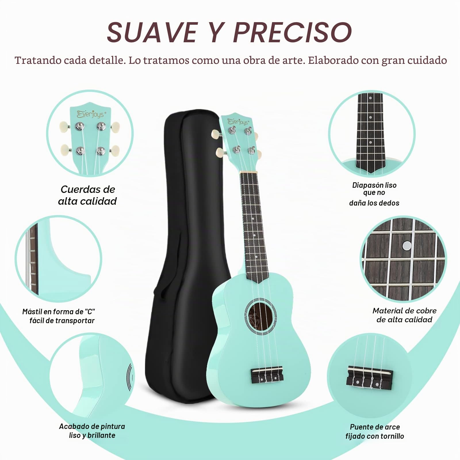 Everjoys Kit de ukelele soprano para principiantes, para niños, adultos, estudiantes, 21 pulgadas, correa de repuesto, cuerda de repuesto, paño de pulido, púas de cancionero (verde brillante) | Para adultos, bolsa de concierto, púas, paño de pulido de cor