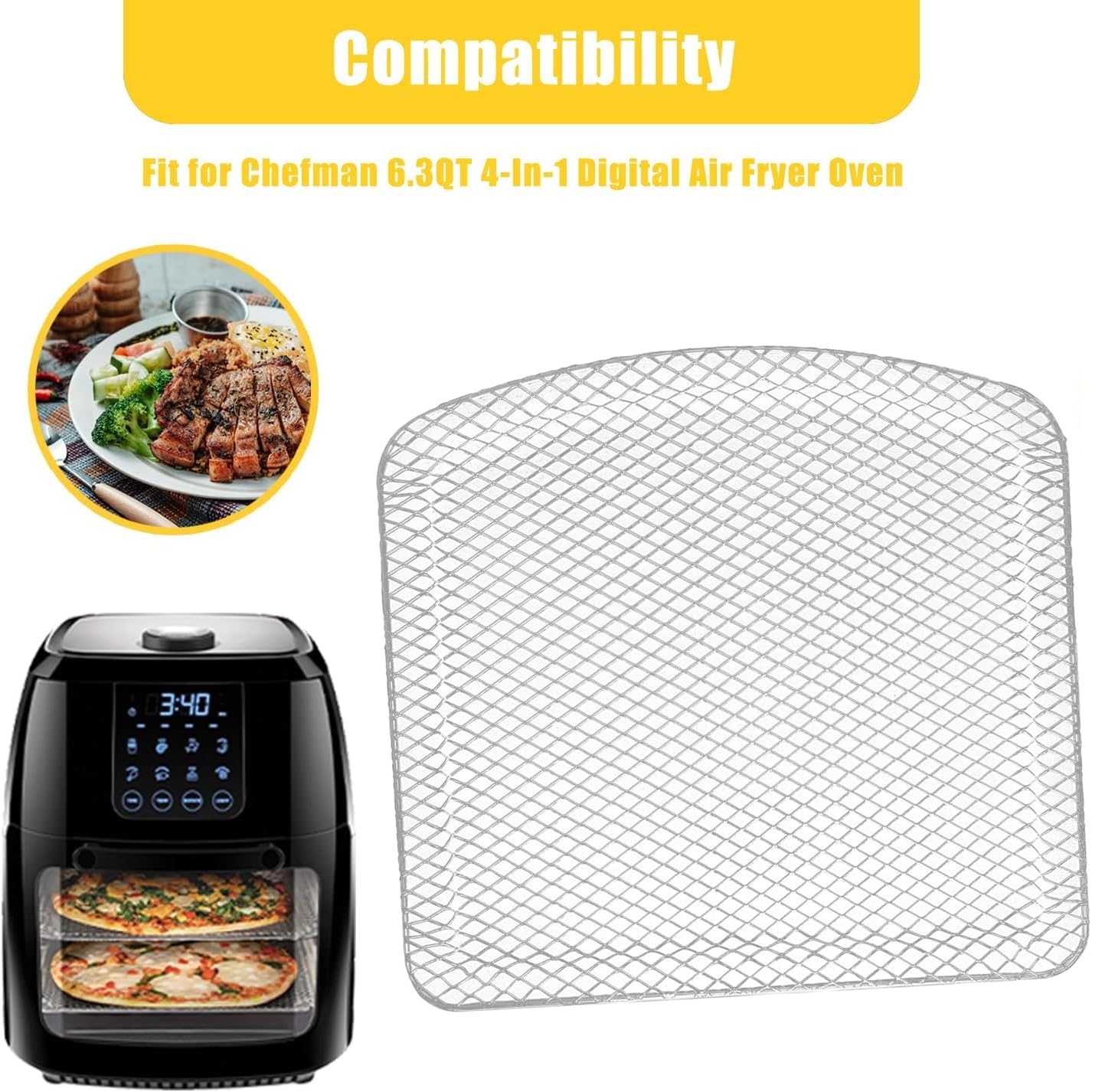 HlkEurt Air Fryer Dehydrator Rack for Chefman 6.3QT 4-In-1 Digital Air Fryer Oven, Upgraded Oven Shelf Grill Crisper Plate Tray Insert Grate Rack Grid for Chefman 6.3QT Air Fryer, Dishwasher Safe