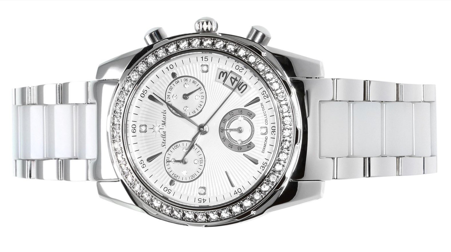 Stella Maris Damen Armbanduhr Analog Quarz Uhr Stilvolle Elegante Damenuhr Frauenuhr Weiß Silber Premium Keramik Armband Diamanten Swarovski STM15L9