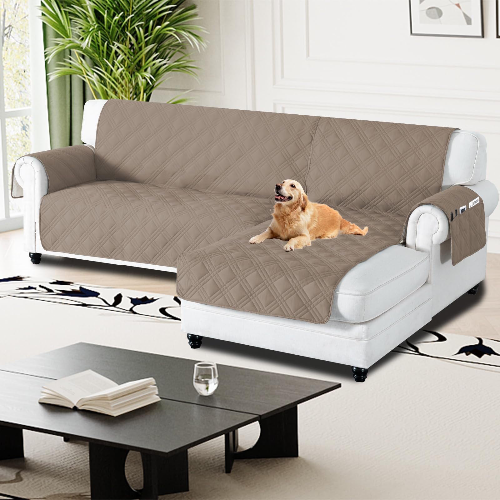 H.Versailtex 100% Waterproof Couch Covers for Sectional Sofa 2-Piece Couch Covers Sectional Chaise Sofa Cover L Shaped for Dogs Non Slip (Right Chaise Lounge Cover + 3 Seat Sofa Cover, Taupe)