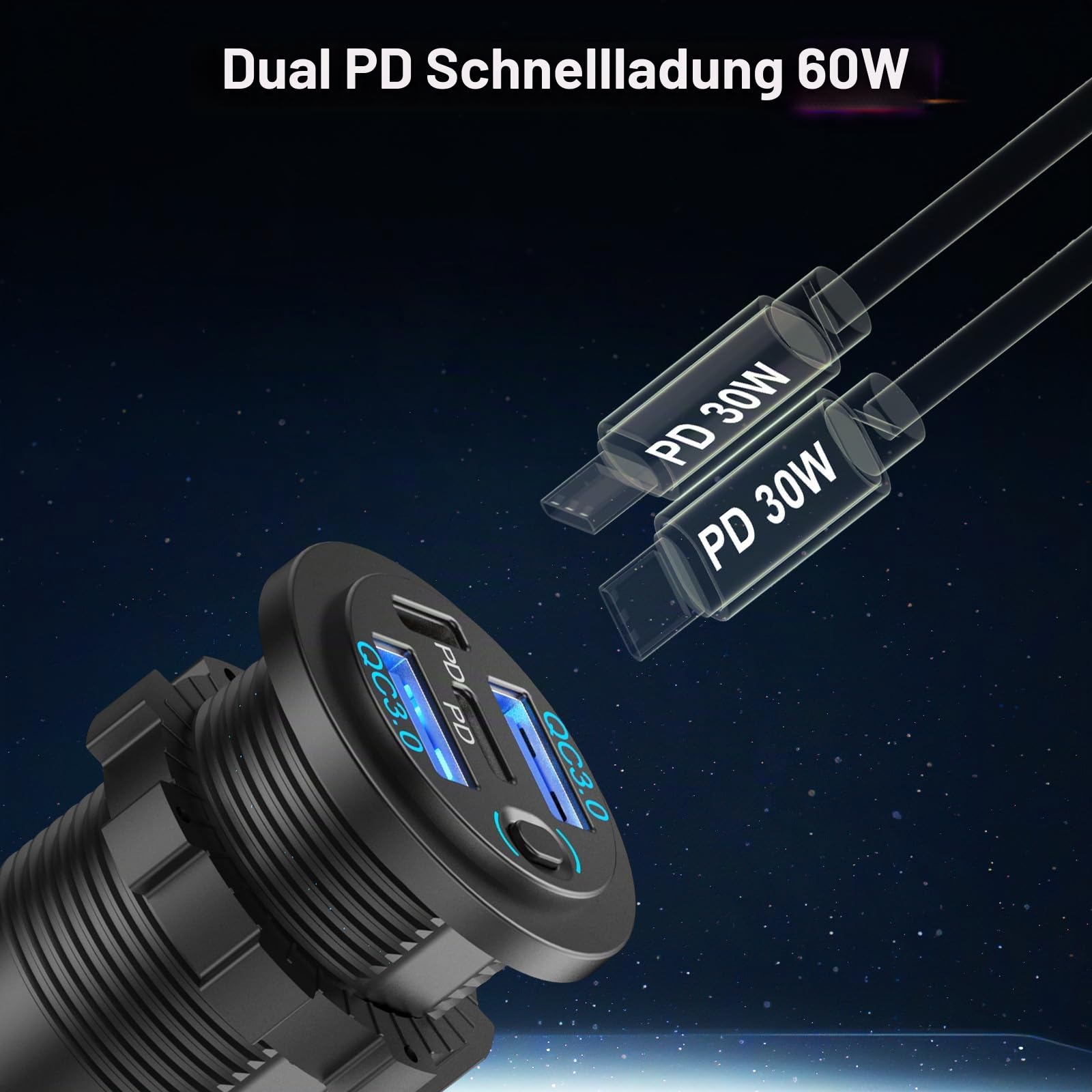 78W 12V USB-Steckdose Auto-Ladegerät, Superschnell Zweifach PD3.0 & QC3.0 Mehrere USB-Anschlüsse für Auto, USB C Zigarettenanzünder-Ersatz 12-Volt-Steckdose Wasserdicht für Marine Boot Motorrad