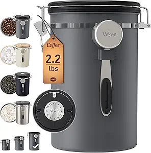 Veken Coffee Canister, Large Airtight Stainless Steel Food Storage Container for 2.2lbs Coffee Beans, Ground, Sugar, Tea, Flour, Cereal, Kitchen Bar Accessories with Date Tracker & Scoop,39OZ,Gray