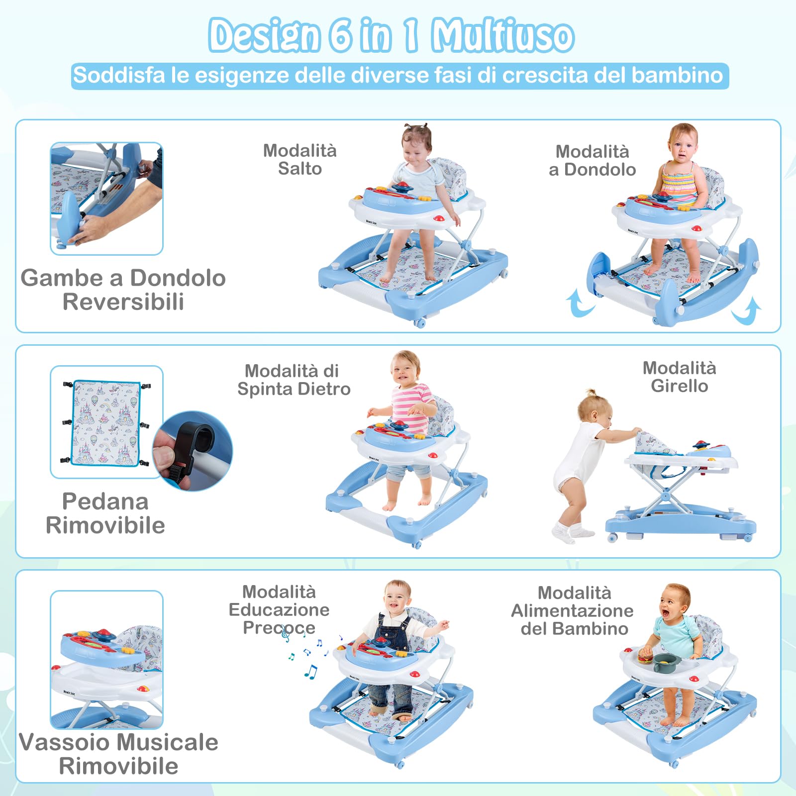 GYMAX Girello Convertibile 6 in 1 per Bambini, Girello Pieghevole con Ruote, Cavallo a Dondolo per Bambini con Pedana, Luci e Musica e Giocattoli, per Bambini di 7-14 Mesi (Blu)