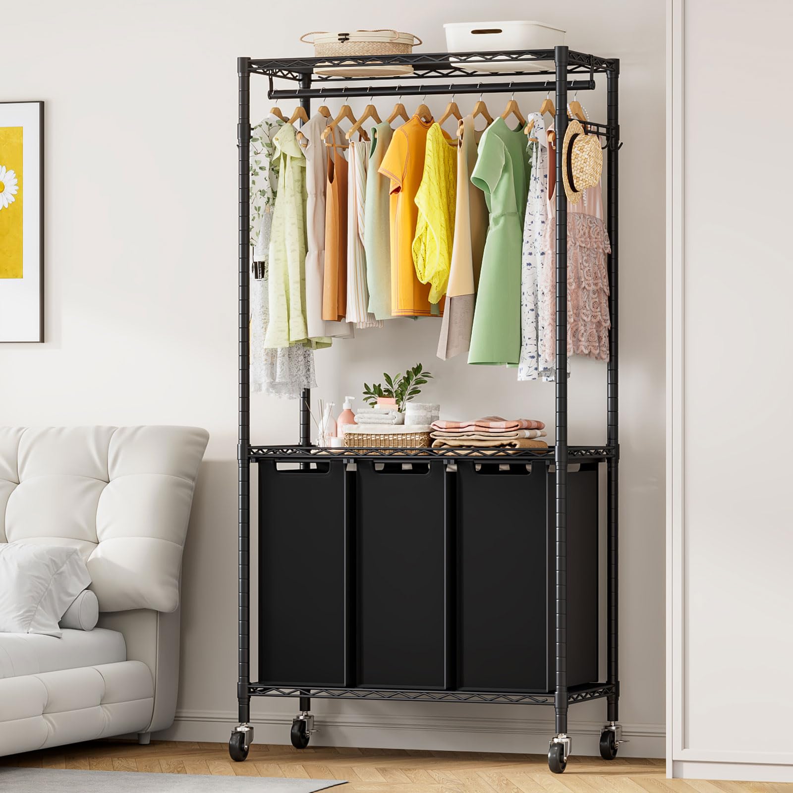 Carrito para Ropa Sucia con Ruedas, 3 Compartimentos | Barra para Colgar, Con Bolsas Desmontables, Ideal para Lavandería o Dormitorio, 79 × 36 × 185 cm, Negro