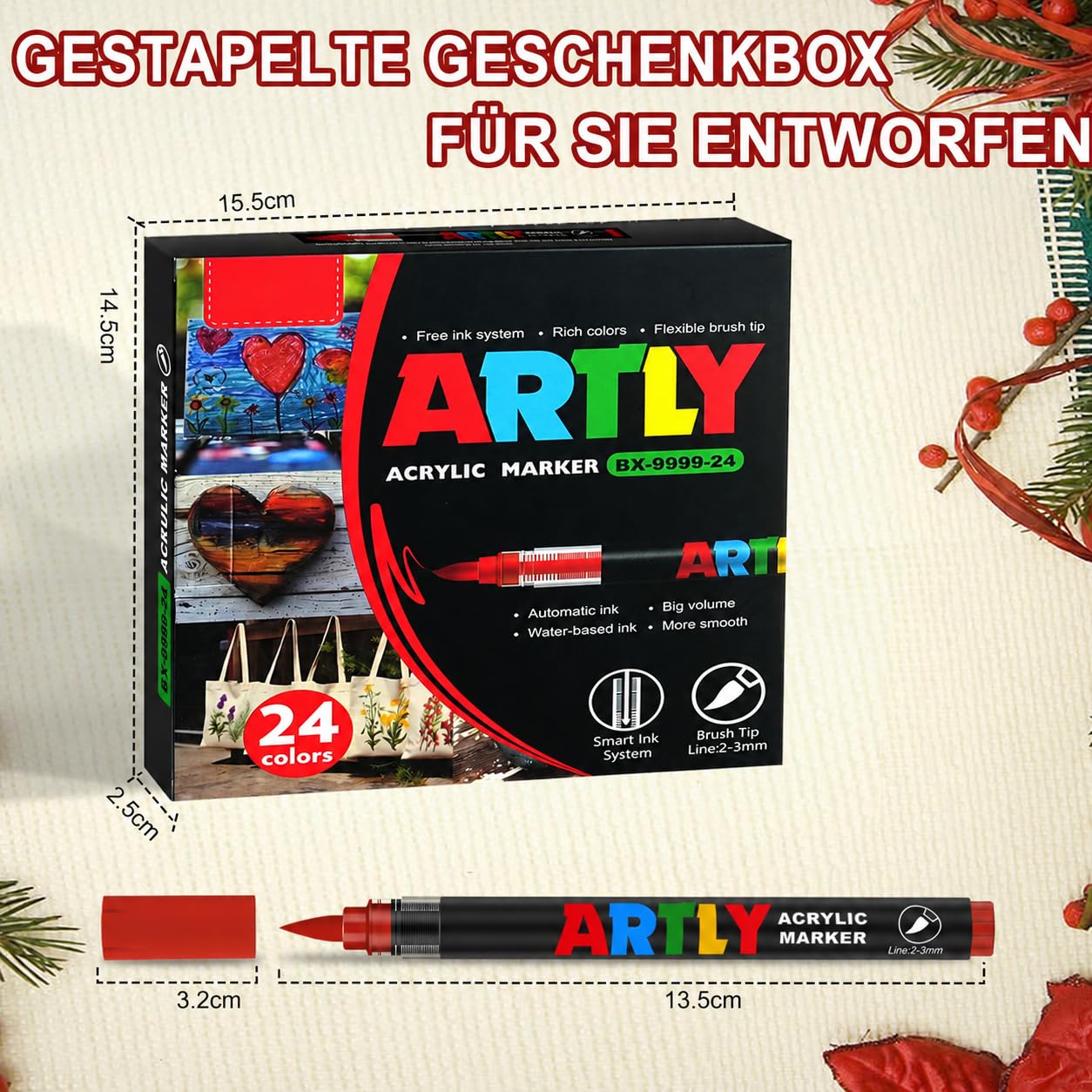 Efimeso 24 Farben Acrylstifte für Steine Wasserfest Set, Multimarker Pinselstifte Acrylic Paint Marker für Stein, Keramik, Holz, Stoff, Leinwand