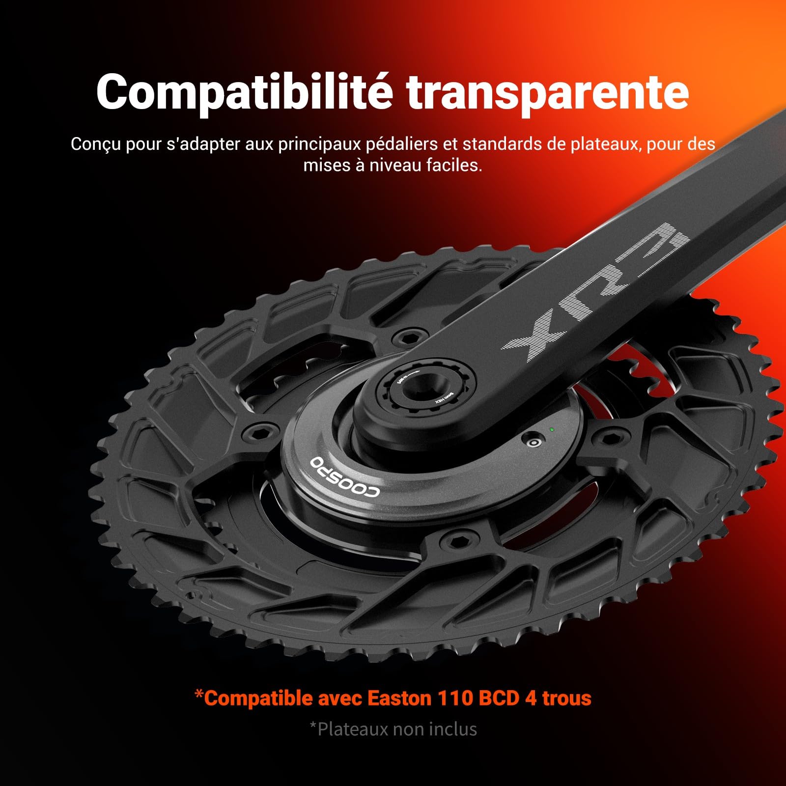 CooSpo Compteur de puissance S10, 160–172,5 mm, BLE/ANT+ pour Easton 110 BCD 4 boulons, précision ± 1 % de suivi des données, batterie 300 H pour cyclisme intérieur/extérieur