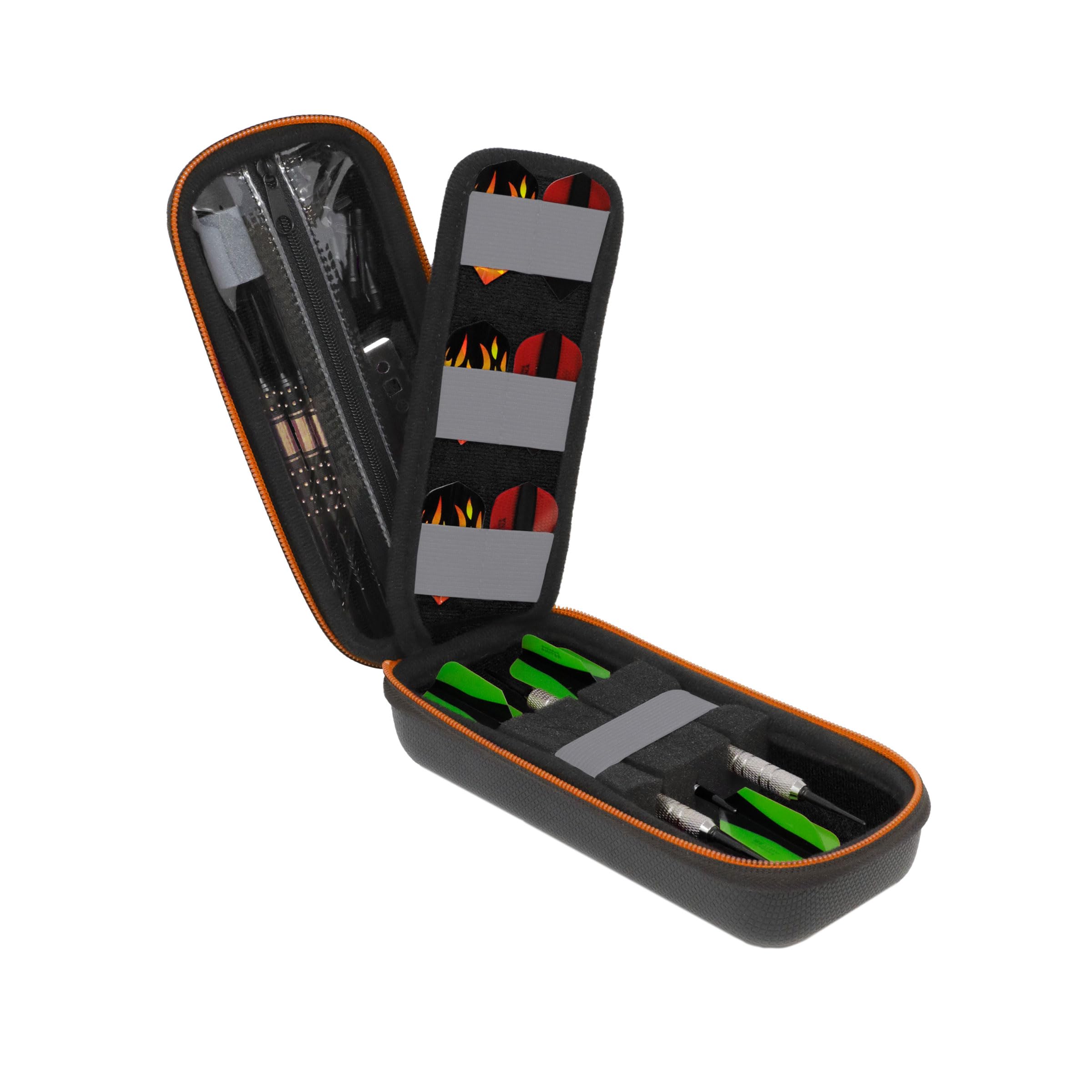 USA Gear Funda para Dardos - Estuche 3 Dardos de Punta Blanda con Compartimento Puntas de Plástico, 12 Ranuras Plumas, Varillas y Otros Accesorios - Diseño de Espuma con Cierre Seguridad (Negro)