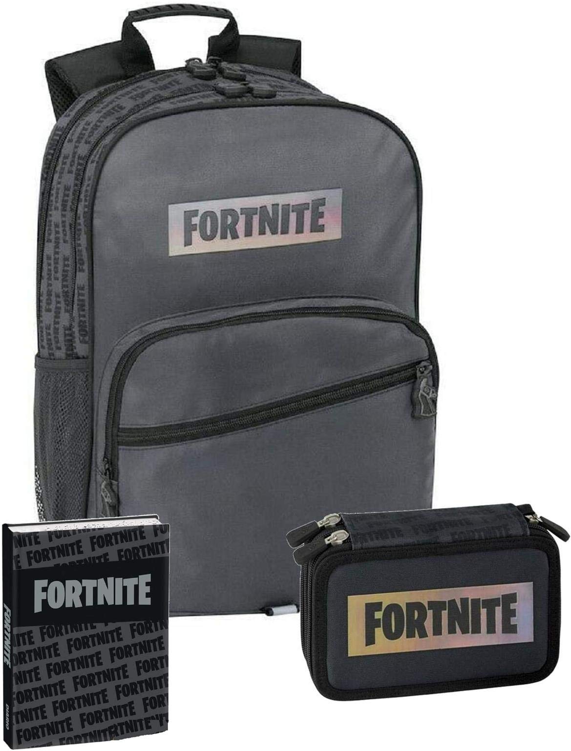 Panini spa Schoolpack Zaino Scuola Compatibile con Fortnite Nero 42x30x15 cm + Astuccio 3 Zip Completo + Diario 12 Mesi Non Datato + Penna Colorata Omaggio