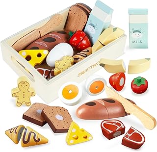 Smartwo Children's Kitchen Accessories Wooden Food for Cutting, Play Kitchen Accessories, Breakfast Set, Kitchen Accessories for Role Play, Wooden Toy Kitchen 12 Pieces, Gift for Girls Boys from 2