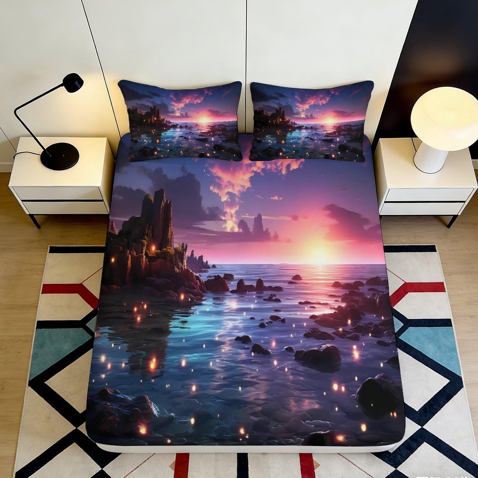 3D Printed Sunset Ocean Fitted Sheet Microfiber Artistic Bed Cover for Bedroom Dorm Mattress Protection Decor 90x200x25cm