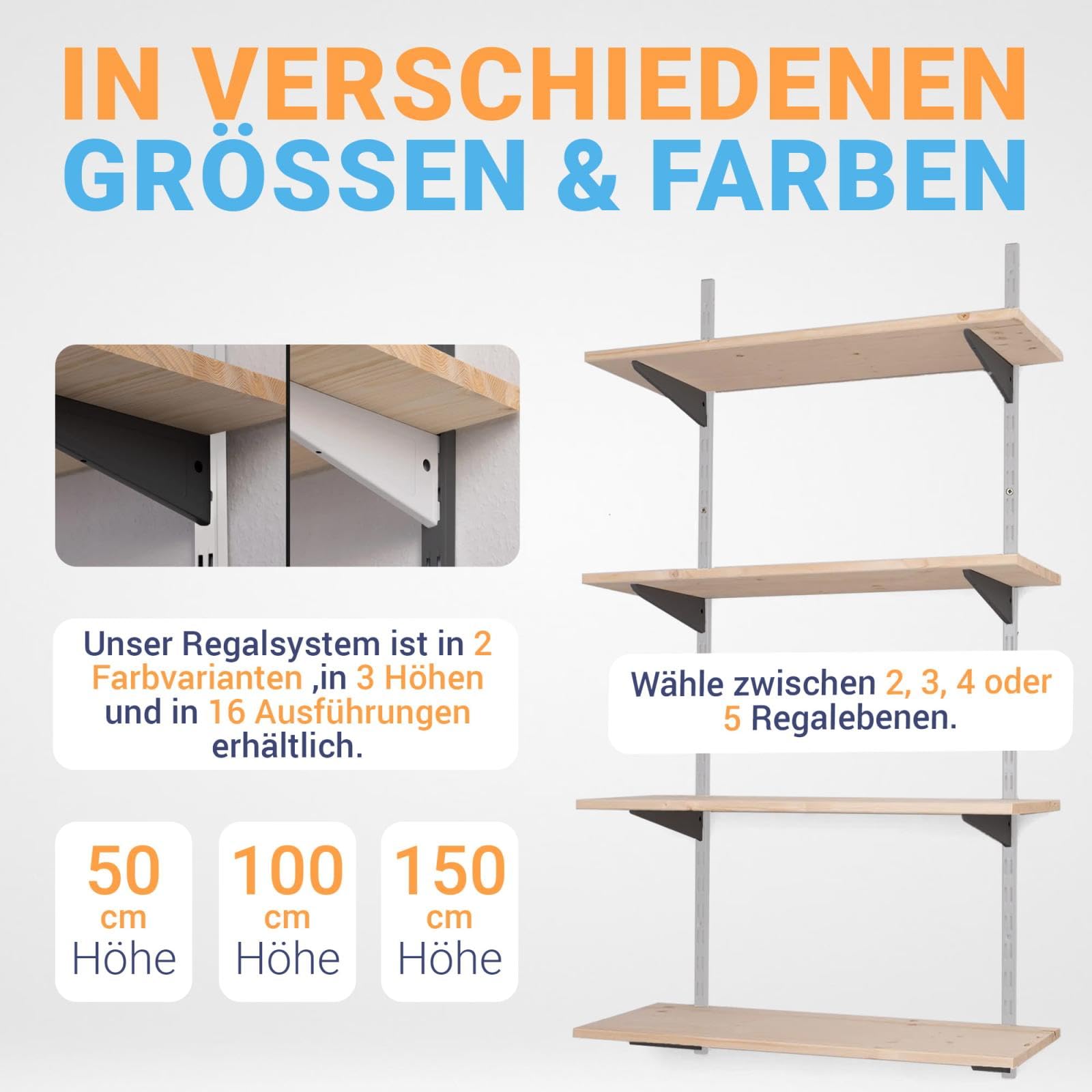 Wandregal Metall mit Boden · Regal in 50 Varianten · Höhe: 100 cm · 4 Ebenen in 80 x 25 cm (B x T) · Farbe: weiß/schwarz · Wandschienen Regalsystem · Regalträger Schienensystem