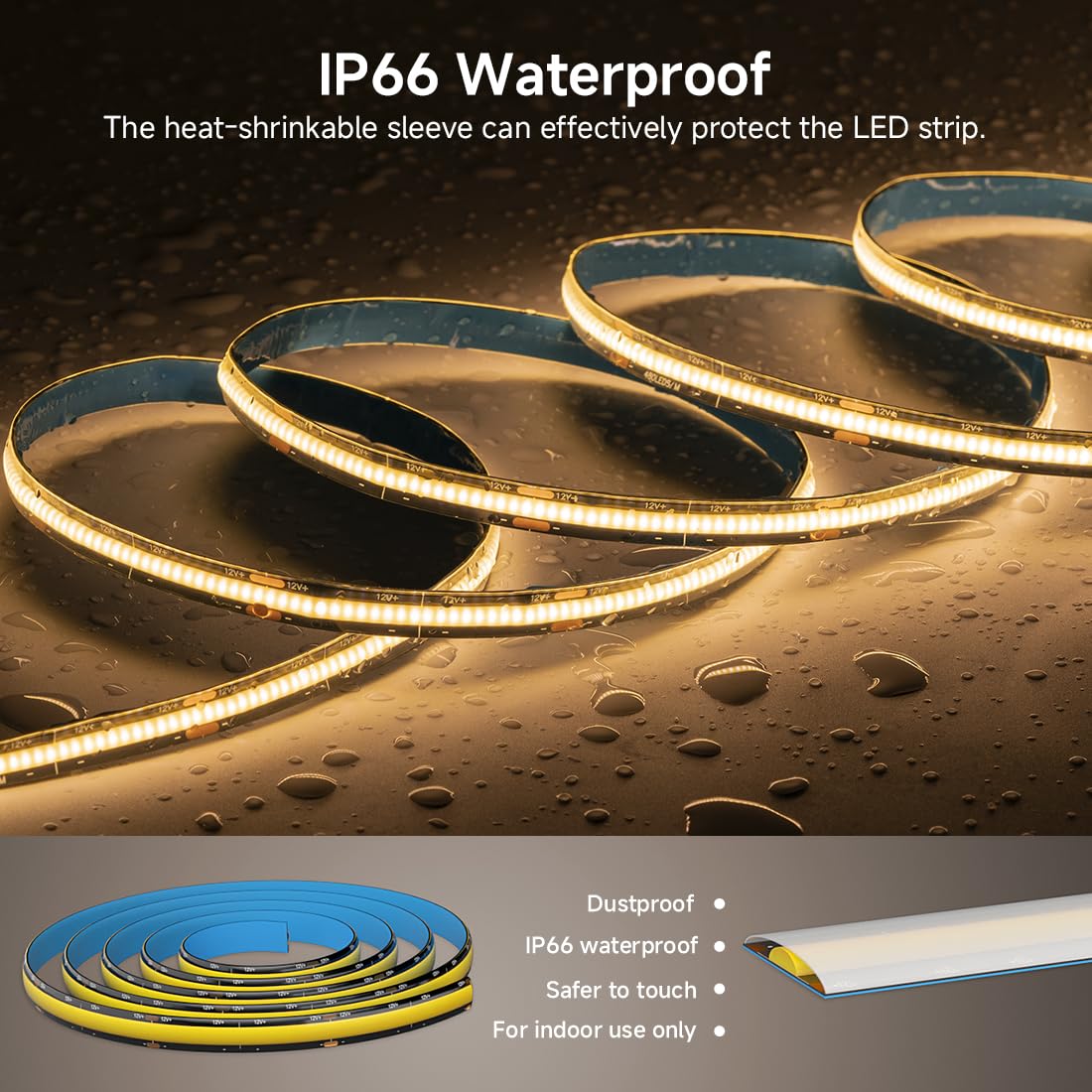 BTF-LIGHTING COB LED Strip Light 5M FCOB 336LEDs/M Flexible High Density Natural White Black PCB 12V 8mm Width Dimmable Light Uniformity IP66 LED Tape for Indoor Decoration(Only LED Strip) - Image 2