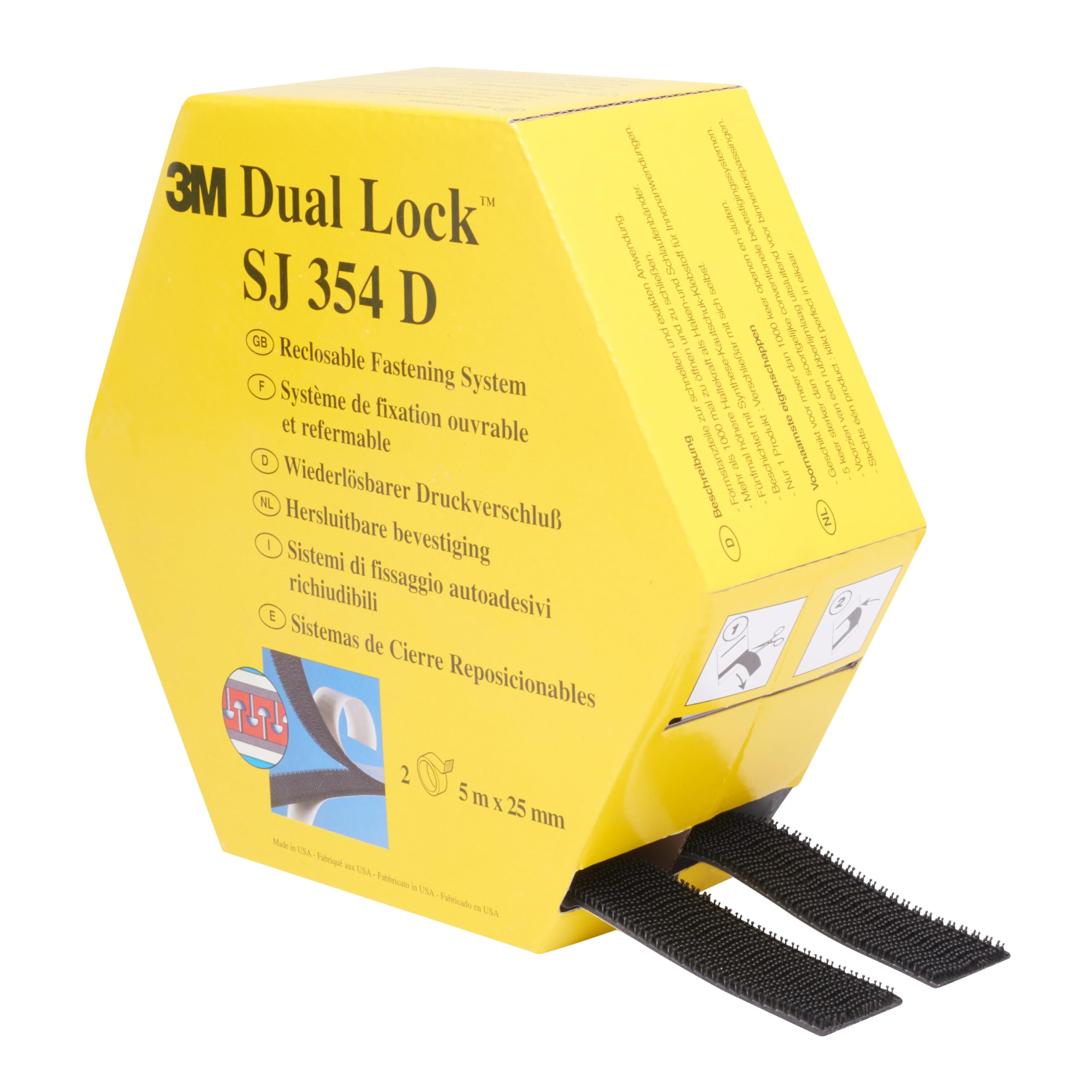 3M Dual Lock Reclosable Fastener SJ354D - Bonds Well To Many Low Surface Energy Materials (Polypropylene, Polyethylene) And Critical Paints -25mm X 10m, Engaged Thickness 5.7mm, Black (1 Pack)