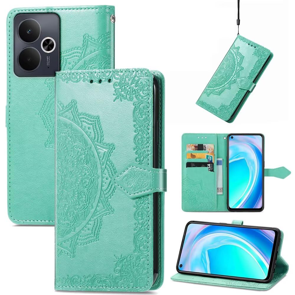 HONLEN Etui na telefon Realme 14 5G / Realme 14T 5G, (16,94 cm) klasyczne portfelowe etui z magnesem, okładka z 3 przegródkami, wzór mandala, kolor zielony