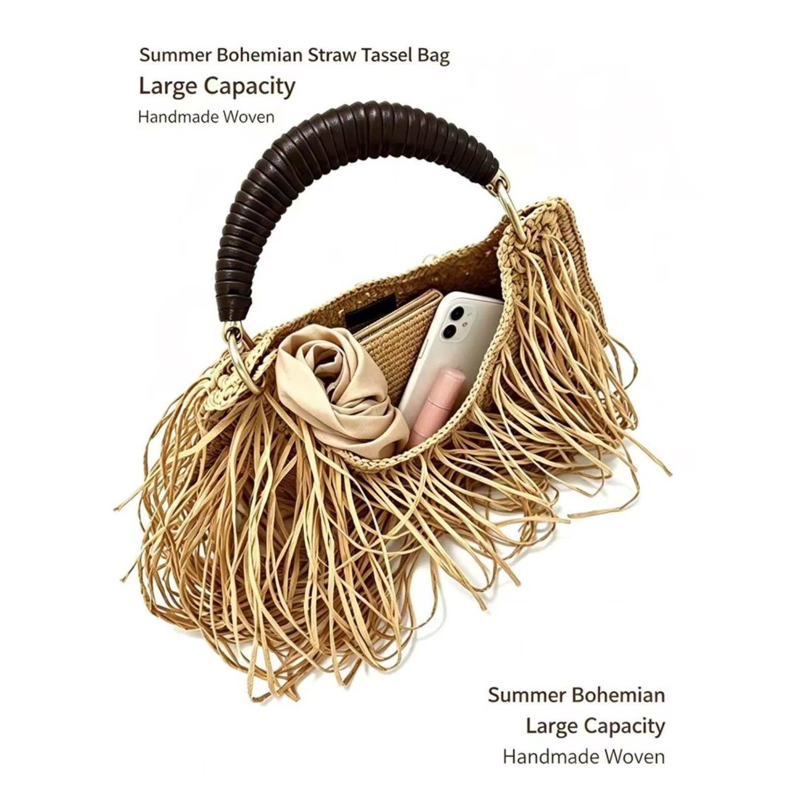 Borsa Spalla Paglia Borse da Donna Tessute A Mano Nicchia di Design Etnico Stile Vacanza Tessuto Frange Portatili-Brown