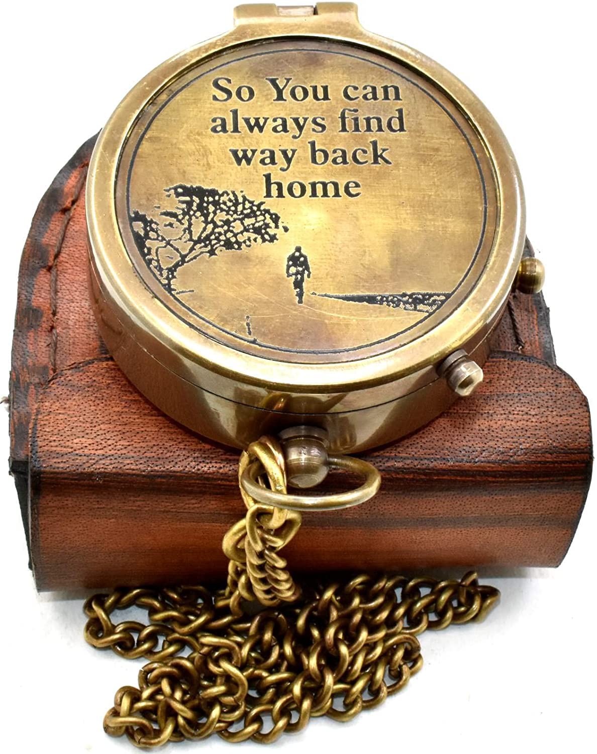 Bussola in ottone con incisione "So You Can Always Find Your Way Back Home" con scatola in legno e catena, bussola tascabile ispiratrice nautica per escursionismo, campeggio, viaggi