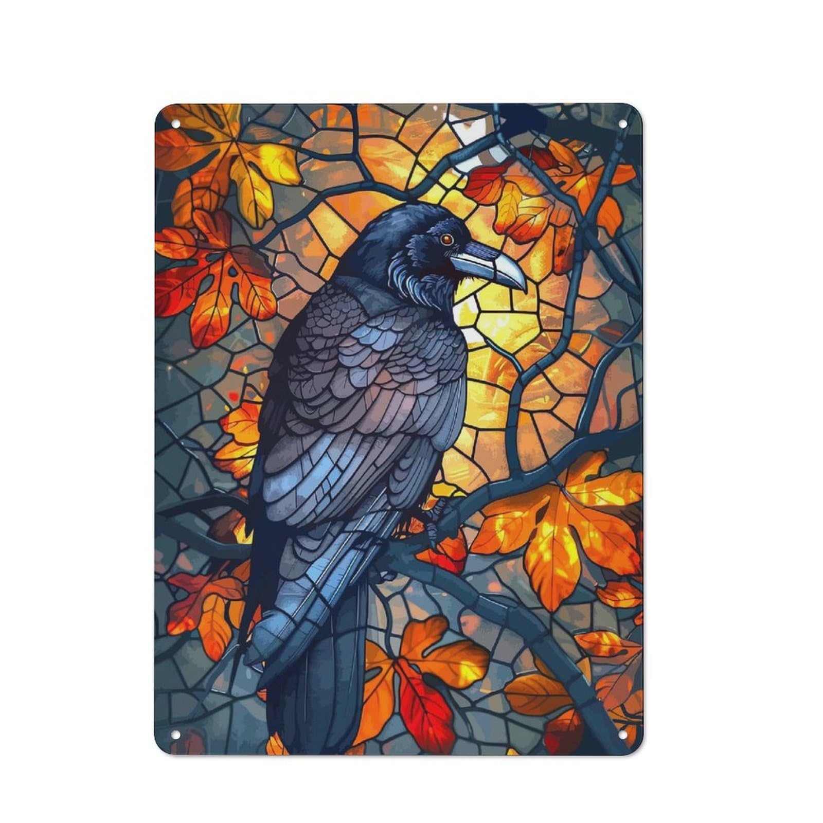Junmoney Raven In Autumn Stained Glass Metal Wall Sign With Design 40X30cm, Vintage Industrial Wall Art For Workshop, Basement, Shed Or Games Room
