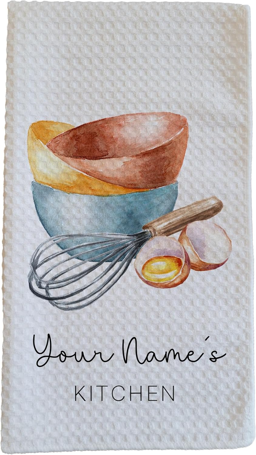 Personalized Kitchen Towel | Custom Tea Towel | Watercolor Utensil Dish Towel | Kitchen Decor | Hand Towel Gift Set | Waffle Weave Dishcloth (Pack of 3 Towels, Design 2)