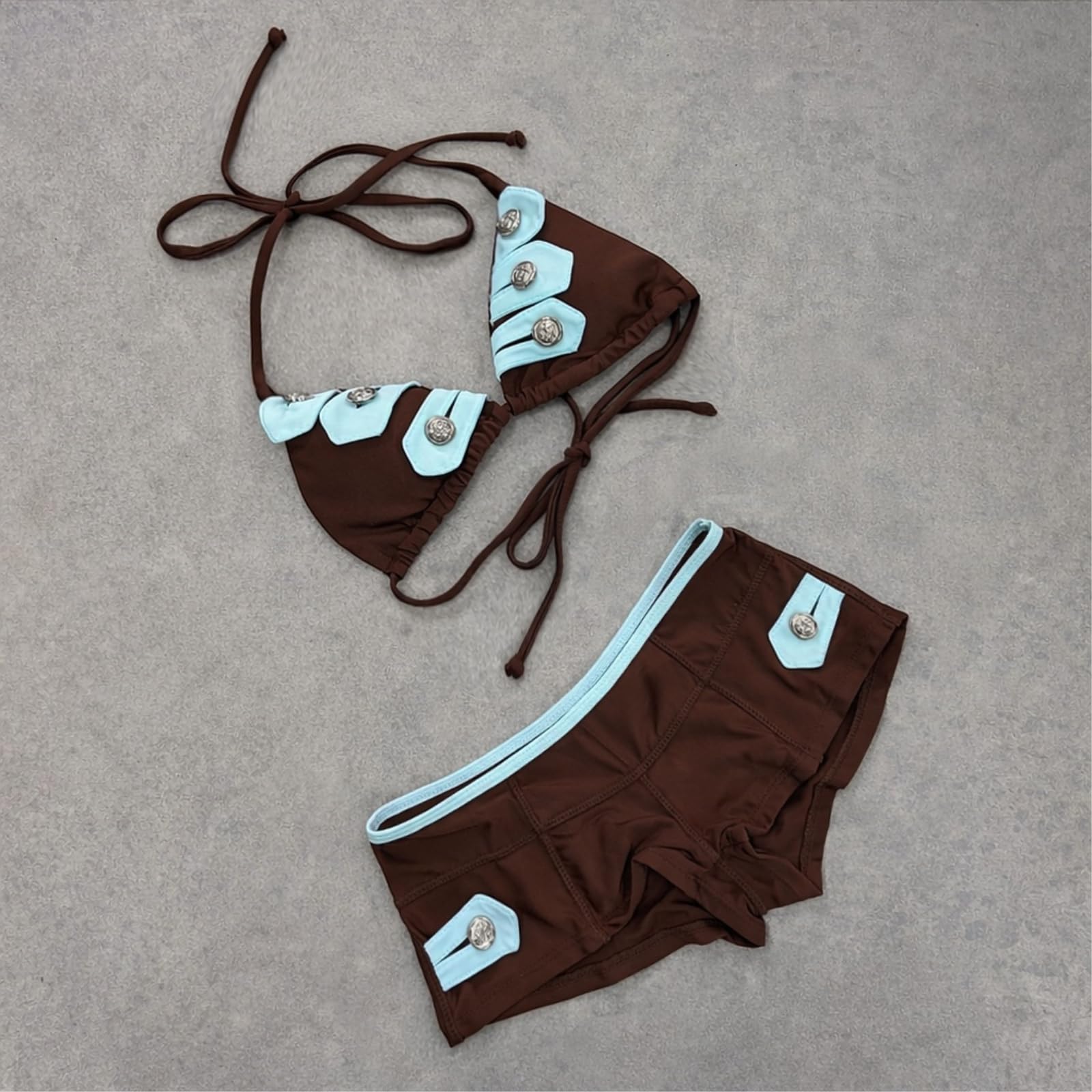 Bikini Donna Donne Marrone Blu Colore Blocco Set Triangolo Costume da Bagno Retro-bikini1-s
