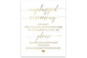 Unplugged Wedding Ceremony Sign, Elegant Gold Foil Cardstock Poster Sign for Unplugged...