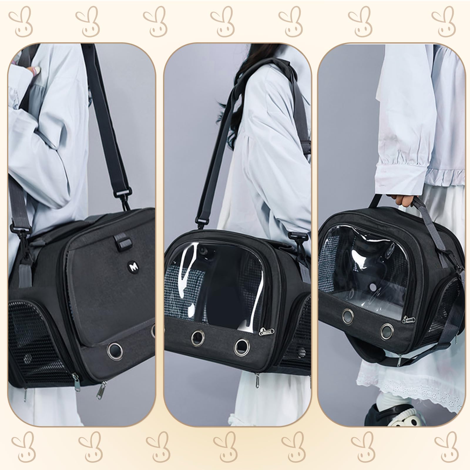 Bolsa de Transporte de Animales pequeños, 35 * 25 * 23cm Bolsa de Viaje saliente para Mascotas, Portador de Conejillos de Indias portátil con Malla Transpirable para pájaro, Rata,Negro