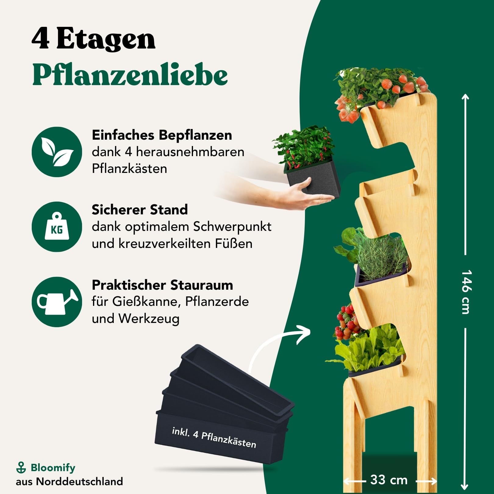 Bloomify® Vertikalbeet mit 4 Etagen aus Birkenholz – Aufbau ohne Schrauben – 4 rausnehmbare Pflanzkästen – 64×33×146 cm – schmales vertikales Hochbeet für Balkon, Terasse & Garten