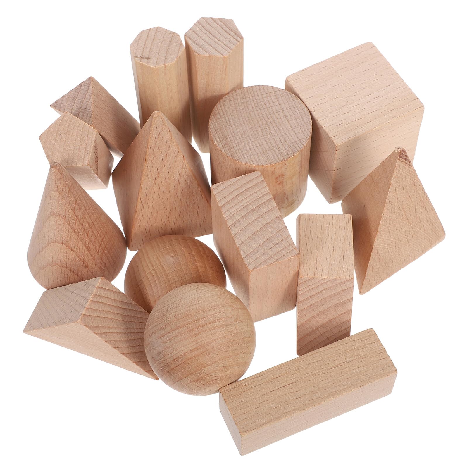 ifundom 15pcs Wooden Geometric 3d Shapes Blocks Set, Unfinished Beech Wood Cubes Math Supplies, Montessori Pattern Building Bricks for Preschool Learning and Early Development