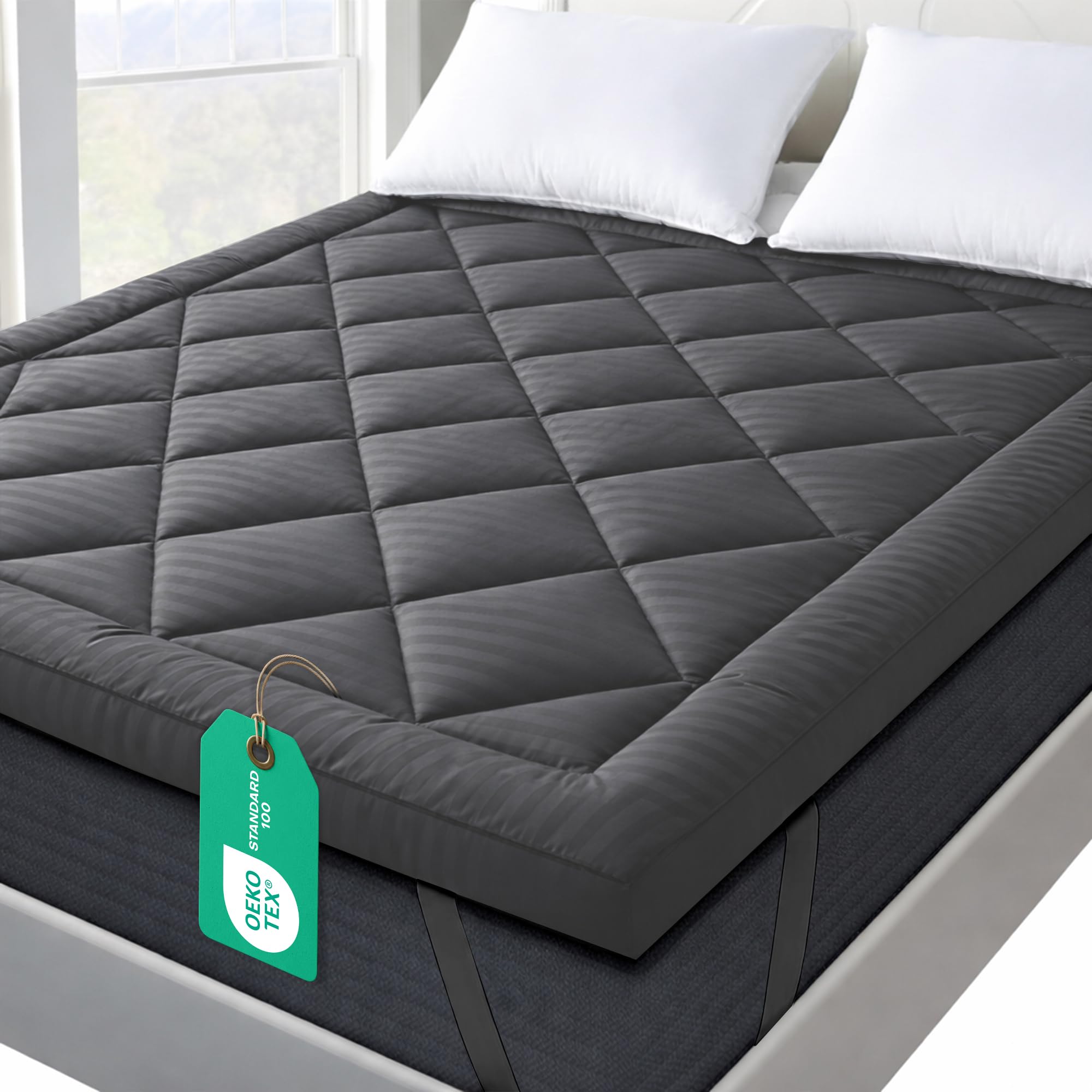 Linens World Mattress Topper Double Bed 10cm Thick, Quilted Super Soft Microfiber Topper, 1200GSM Anti-Allergy Fiber Fill, Washable with Strong Elastic Straps for Extra Comfort (137×190cm) — view 9