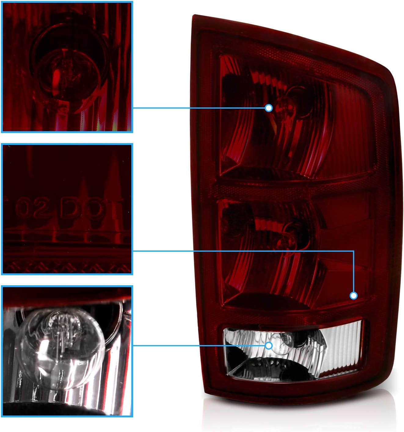 AmeriLite for 2002-2006 Dodge Ram Pickup Truck Dark Red Factory Style Replacement Taillights Set Circuit Board included - Driver and Passenger Side