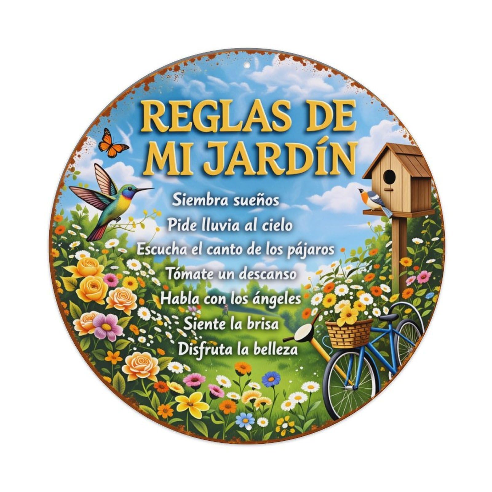 Flowers Birds Bicycle Sky Garden Metal Tin Sign Vintage Garden Bedroom Cafe Bar Man Cave Home Wall Decor Metal Poster 8x8 inches