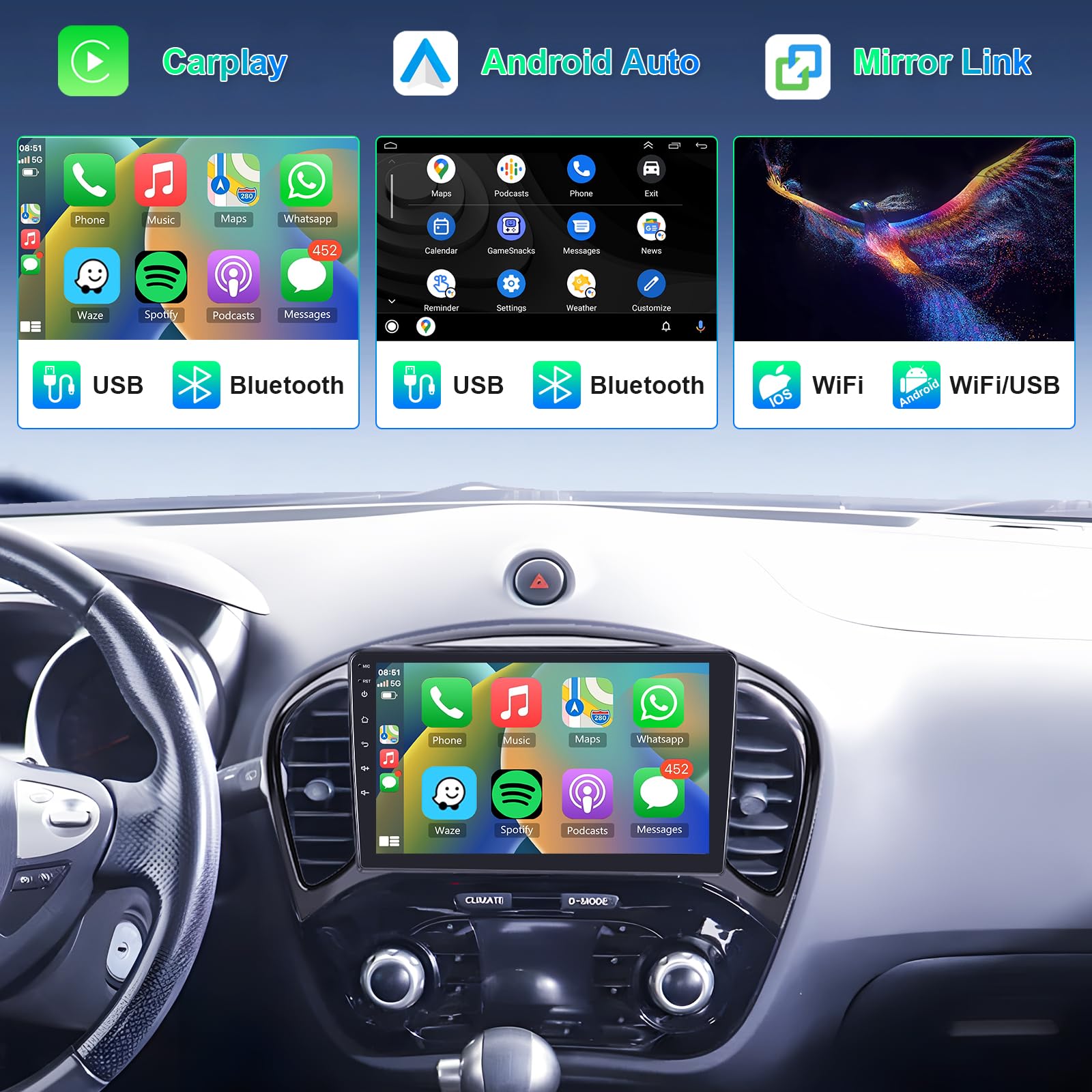 Hodozzy 4G+64G 8 Core Autoradio per Nissan Juke J15 2010-2019/YF15 Infiniti ESQ 2011-2017 Android 9 Pollici Touchscreen GPS Carplay Senza Fili Android Auto, Radio Bluetooth DSP WiFi RDS Telecamera