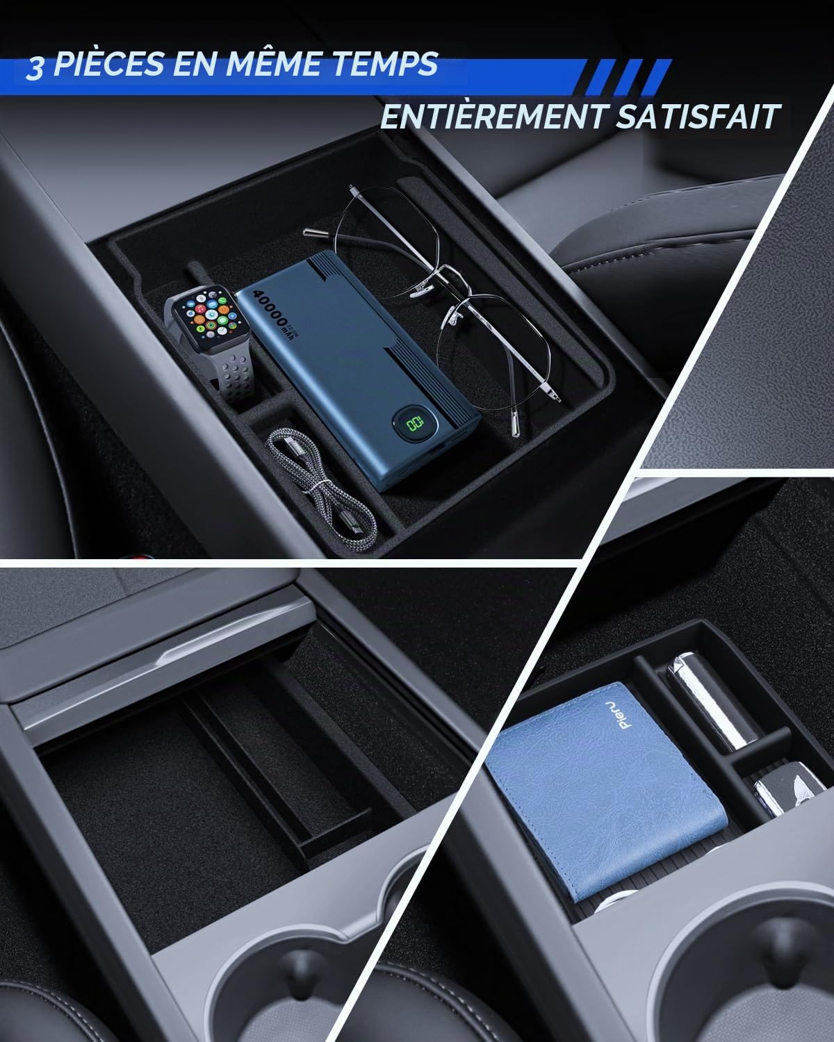 Lot de 3 accessoires pour Tesla Model 3 2024-2026 Organiseur de console centrale en silicone et boîte de rangement pour accoudoir (flocage)