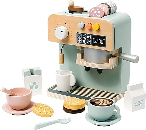 Juego de cafetera para niños, 23 juguetes de cocina de madera, accesorios de cocina para niños pequeños, juego de máquina de café espresso, regalo