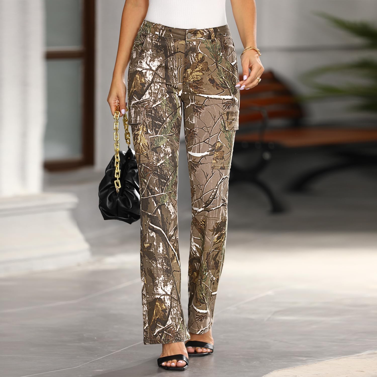 Women Camo Print Bootcut Jeans Mid Waisted Camouflage Cargo Slim Stretch Flare Denim Pant with Flap Pockets - Image 4