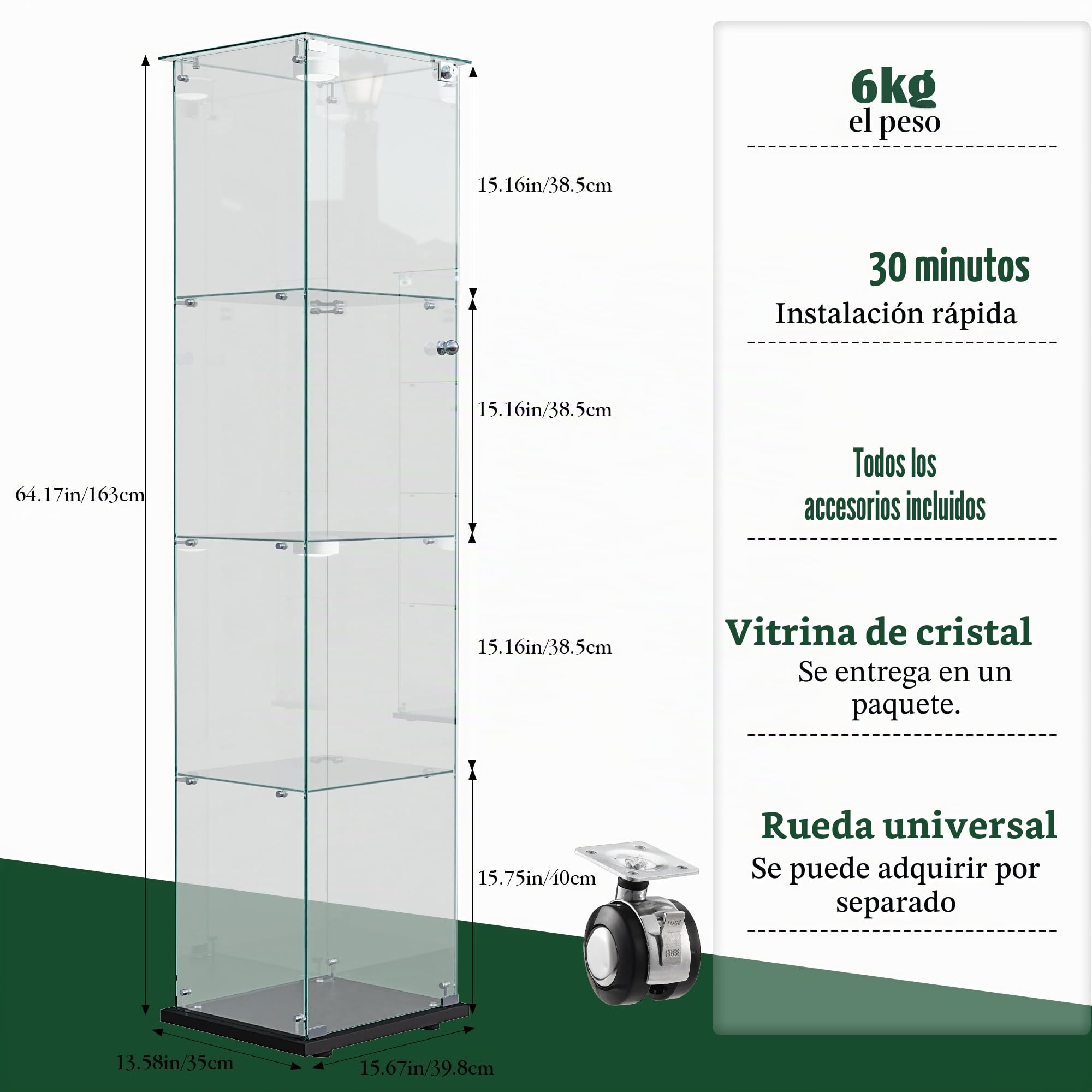 Vitrina Expositora para Colecciones Grande, vitrina de Cristal con luz 163x35x39.8 cm Vitrina Expositora con led 1 Puertas 4 Estantes vitrina expositora transparente (1puerta 4planta, Negro A)