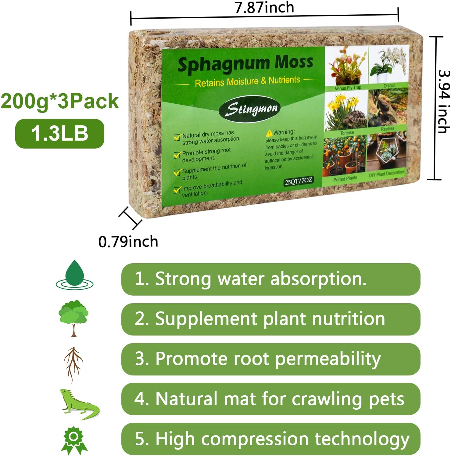 1.3LBS Premium Sphagnum Moss Orchid Potting Mix, 25QT Natural Peat Moss for Plants, Long Fiber Plant Growing Medium for Orchid Repotting Carnivorous Succulents Gardening Plants & Reptiles