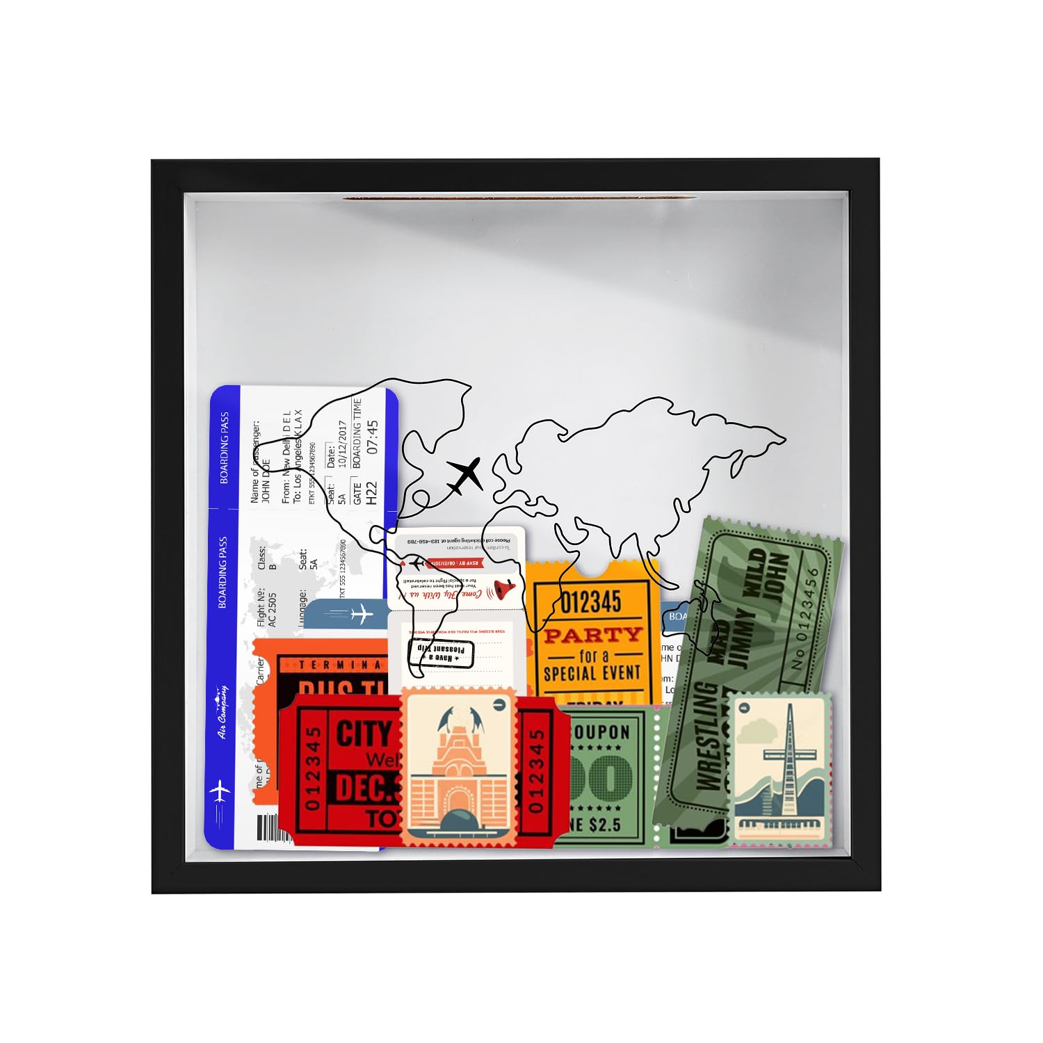 Adventure Archive Box, 8x8 Inch Travel Shadow Box with Slot Wood Frame Travel Tickets Holder Map Plane Design Travel Keepsake Top Loading Shadow Box for Movie Theater Travel Tickets(Black)