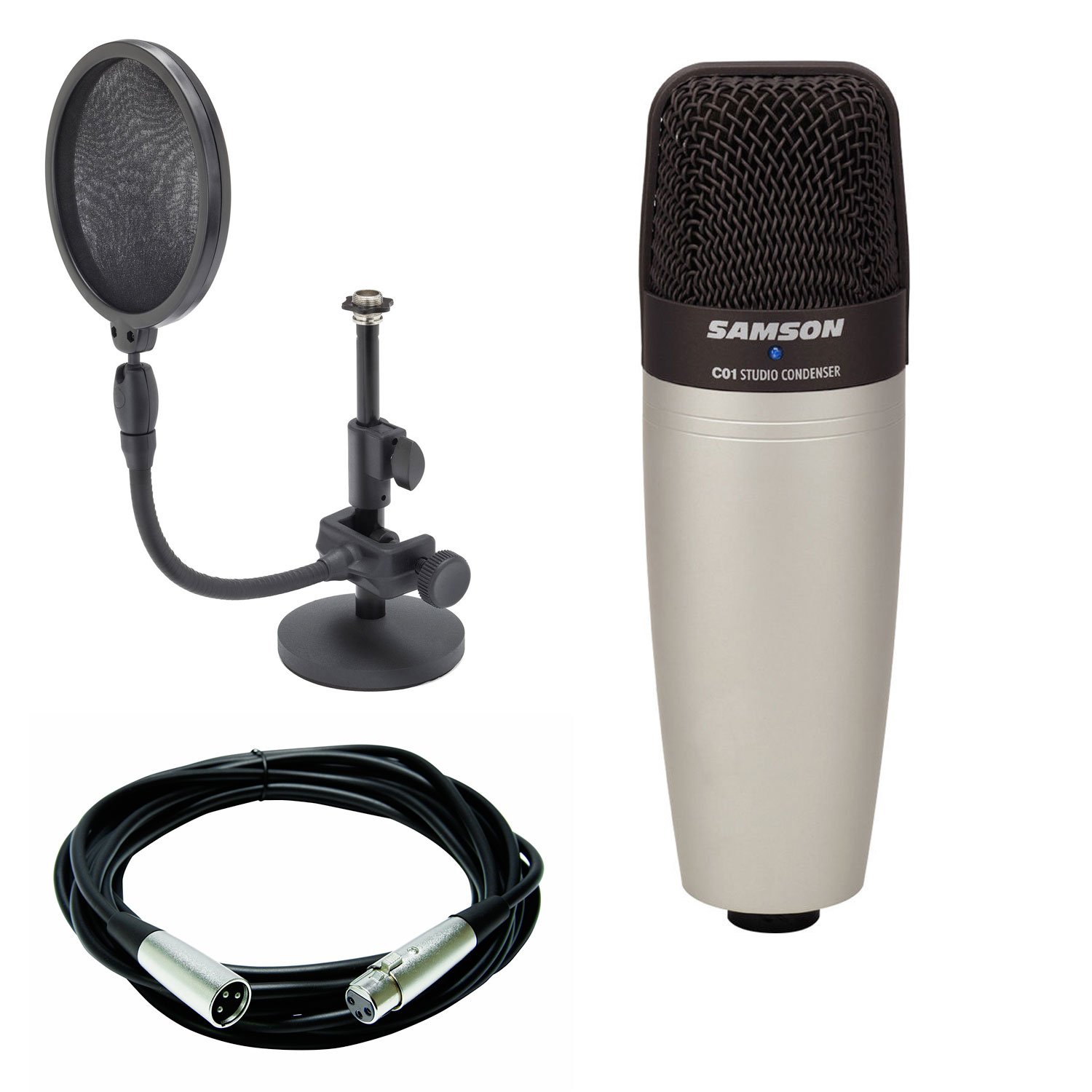 SAMSONC01 Large Diaphragm Condenser Microphone + Mic stand and mic pop filter combo & Mic Cable, 20 ft. XLR Bulk