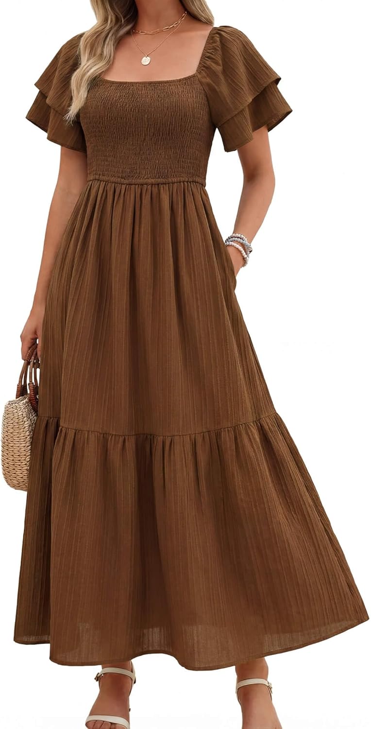 Women's Summer Midi Dress Short Sleeve Square Neck Off Shoulder Ruffle Elastic High Waist Vacation Dress with Pockets