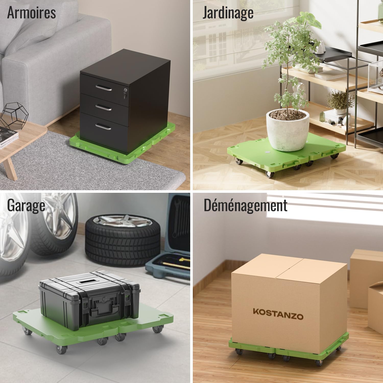 Chariot à roulettes Plat 42 x 29 cm, Design splicable, capacité 227 kg, roulettes pivotantes 5 cm pour Tous sols, idéal pour Maison, Bureau, Garage avec 2 Sangles élastiques (Lot de 2, Vert)