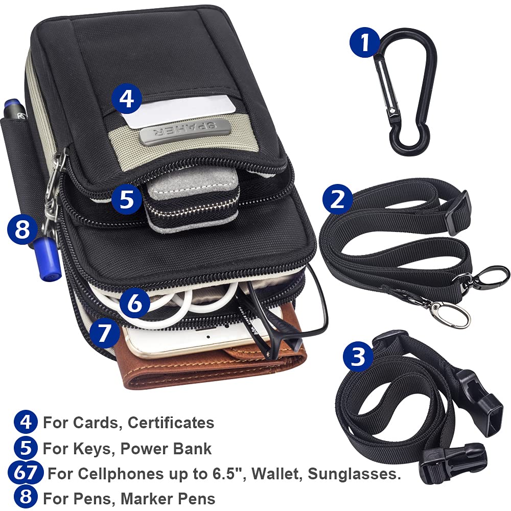 SPAHER Borsello Uomo Tracolla, Piccolo, Marsupio Sportivo, Borsa a Cintura Viene Fornito con Clip + 2 Cinghie