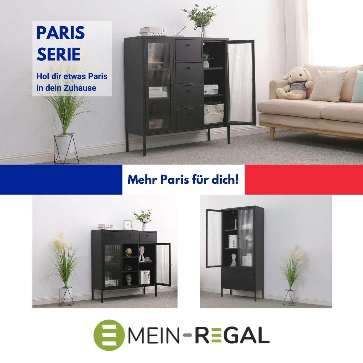 Highboard Paris Schwarz Beistellschrank Wohnzimmer Aufbewahrungsschrank Metall Schrank Ablage und Glastüren, Kommode für Bücher und Deko LxBxH ca. 105x35x110 cm