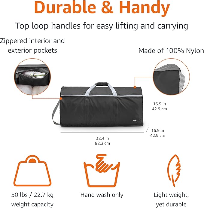 Amazon Basics 32" Extra Large Foldable Duffle Bag for Travel & Storage, with Exterior/Interior Zippered Pockets, Lightweight/Durable Nylon Material, 50-LBS Capacity, 9254 Cubic Inch (150L), Black