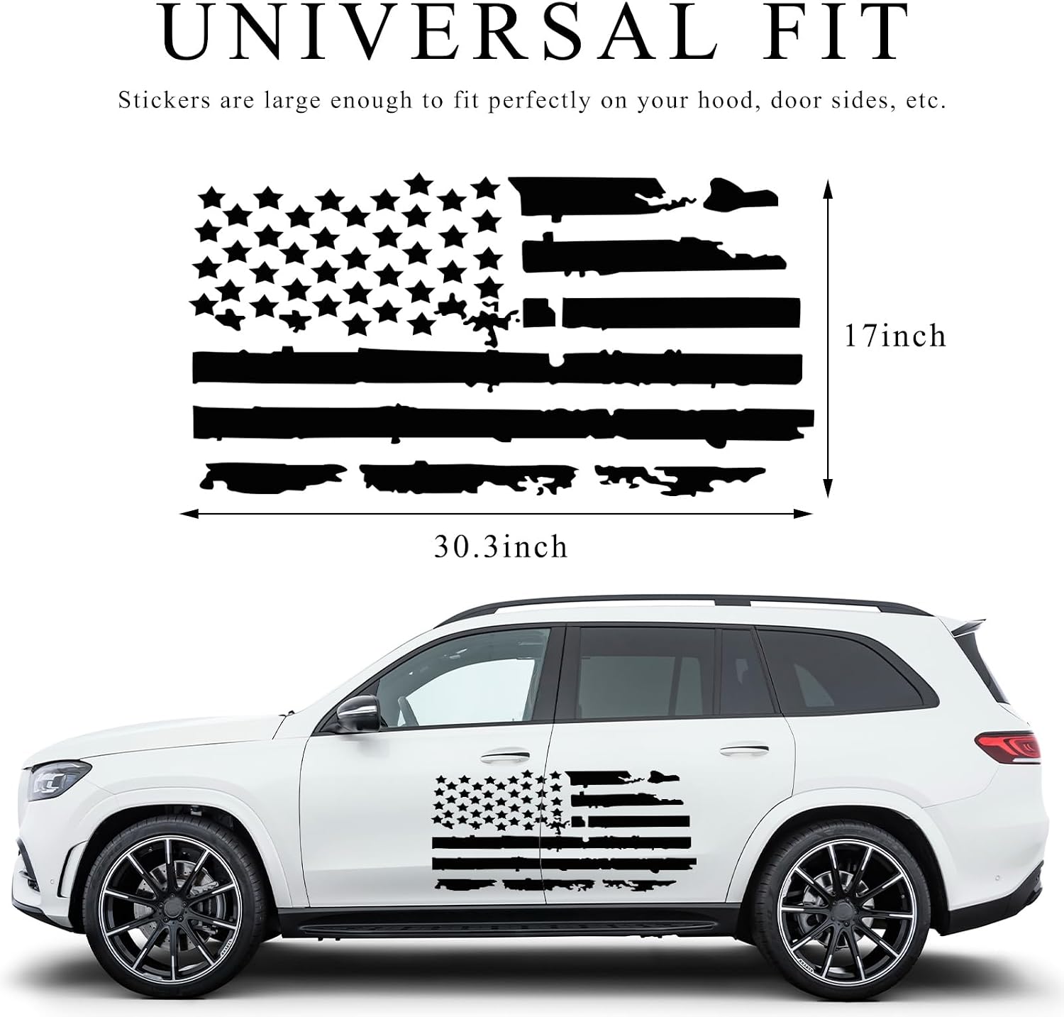 Wevdn Distressed American Flag Sticker, 16.9" × 30.7" Waterproof Patriotic Old Glory Military Grunge Sticker, Universal Car Door Wall Window Windshield Decoration Sticker (Black)