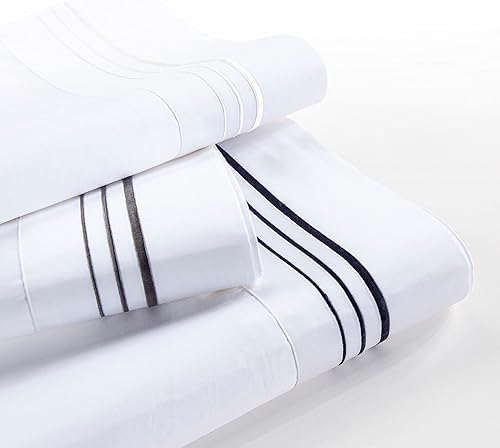 Miniatura 5 de HiEnd Accents - Juego de sábanas de 3 piezas con borde bordado de 3 piezas, tamaño individual, blanco con bordado azul marino, 350 hilos, ropa de