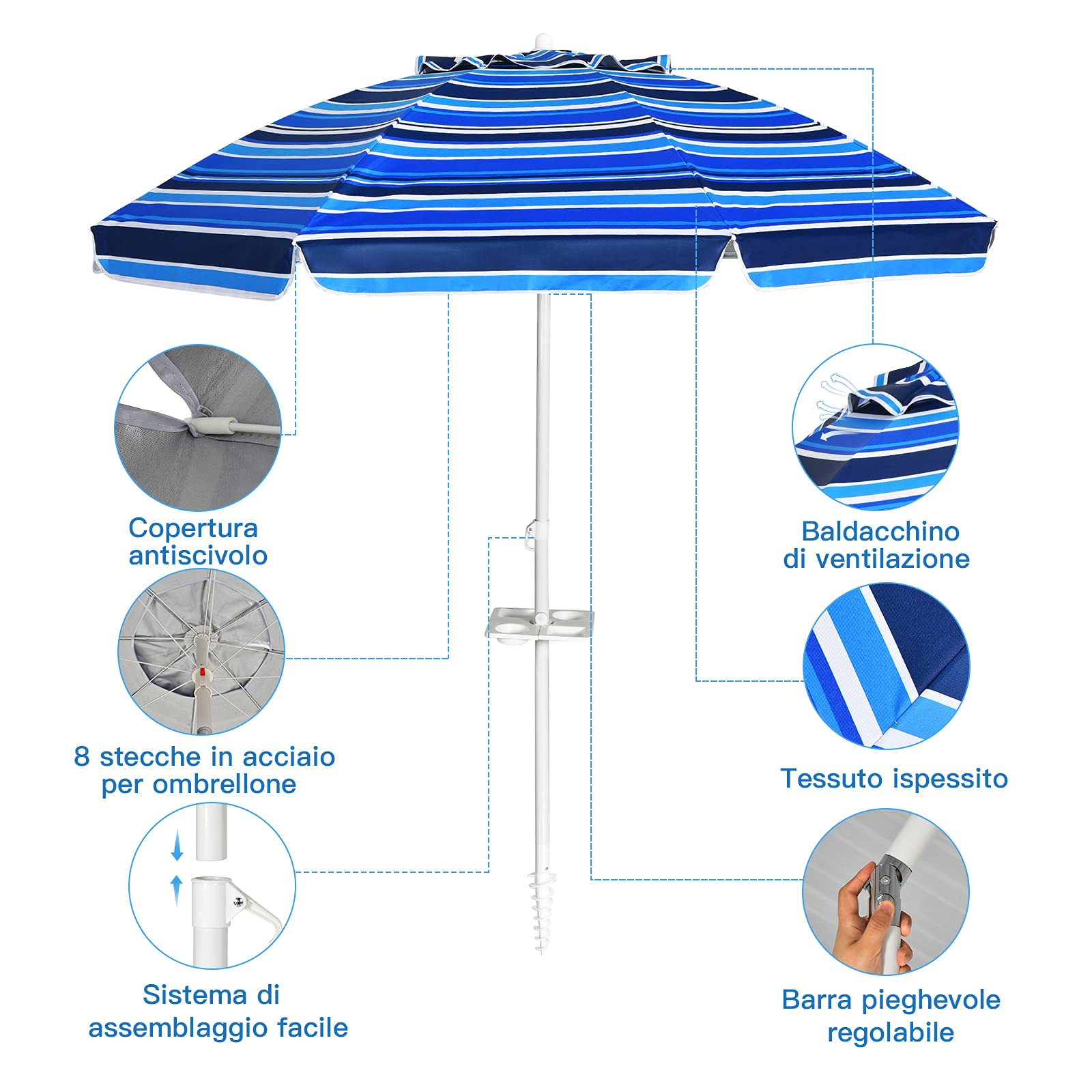 COSTWAY Ombrellone da Spiaggia 200 x 220 cm, Ombrellone da Mare con Inclinazione Regolabile, con Vassoio, 8 Stecche, Protezione UV, Impermeabile, Borsa di Trasporto (Blu Navy)