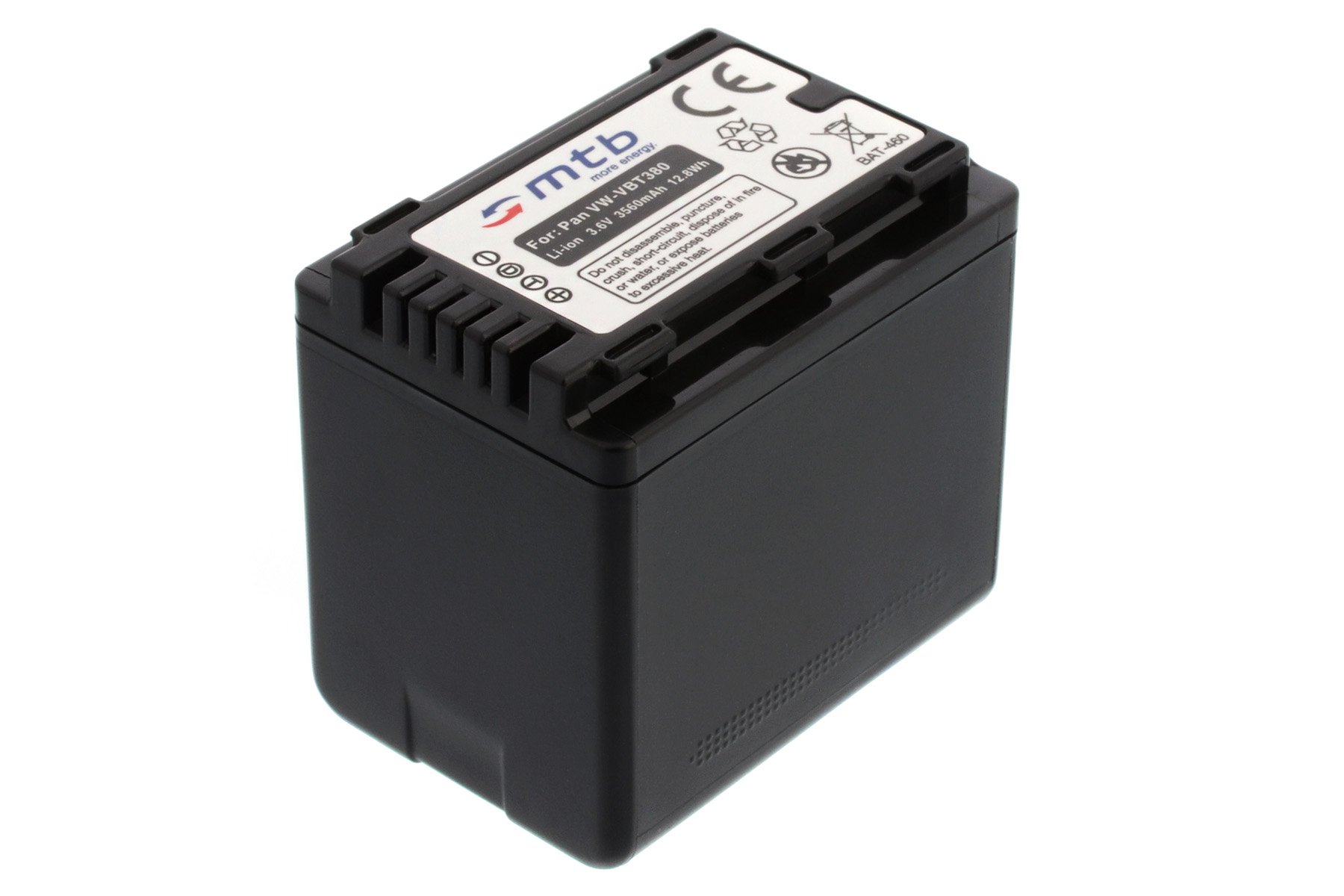 2 Batterie VW-VBT380 per Panasonic HC-V230, V250, V270.. / VFX979 ... v. lista! [3.6V - 3560mAh - Infochip (con indicazione del tempo rimanente di ripresa!)