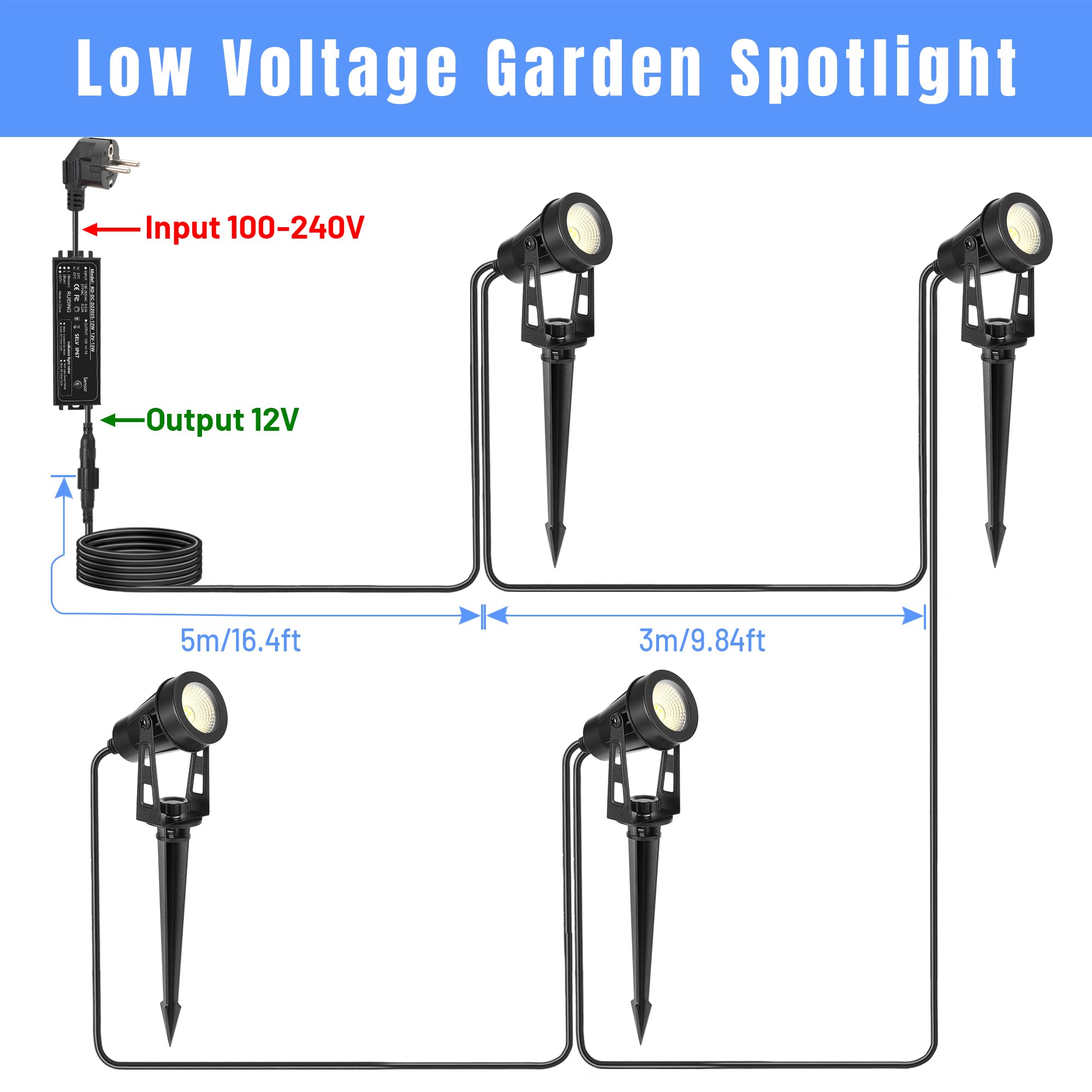 Focos Exterior Jardin, 4 Piezas/14M Foco Proyector Exterior Con Temporizador y Función de Sensor de Luz, 3000K Blanco 12V IP65 Resistente al agua Focos Jardin con Espiga Para